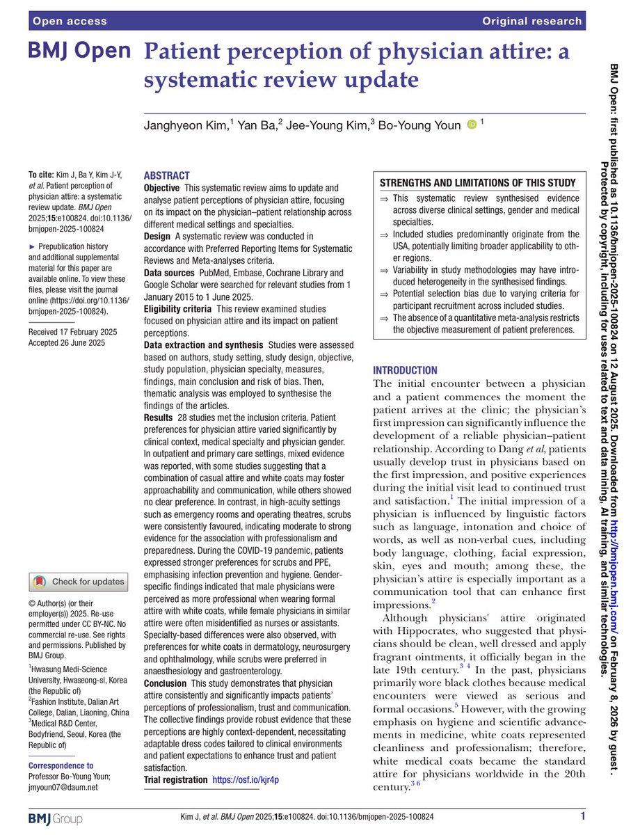 🚨 La ropa del médico cambia lo que el paciente piensa de ti

No es postureo. Es evidencia.

📊 Revisión sistemática (BMJ Open, 2025): la ropa del médico influye en confianza, profesionalidad y comunicación con el paciente.

🔹 Urgencias → mejor pijama/scrubs
🔹 Consultas →