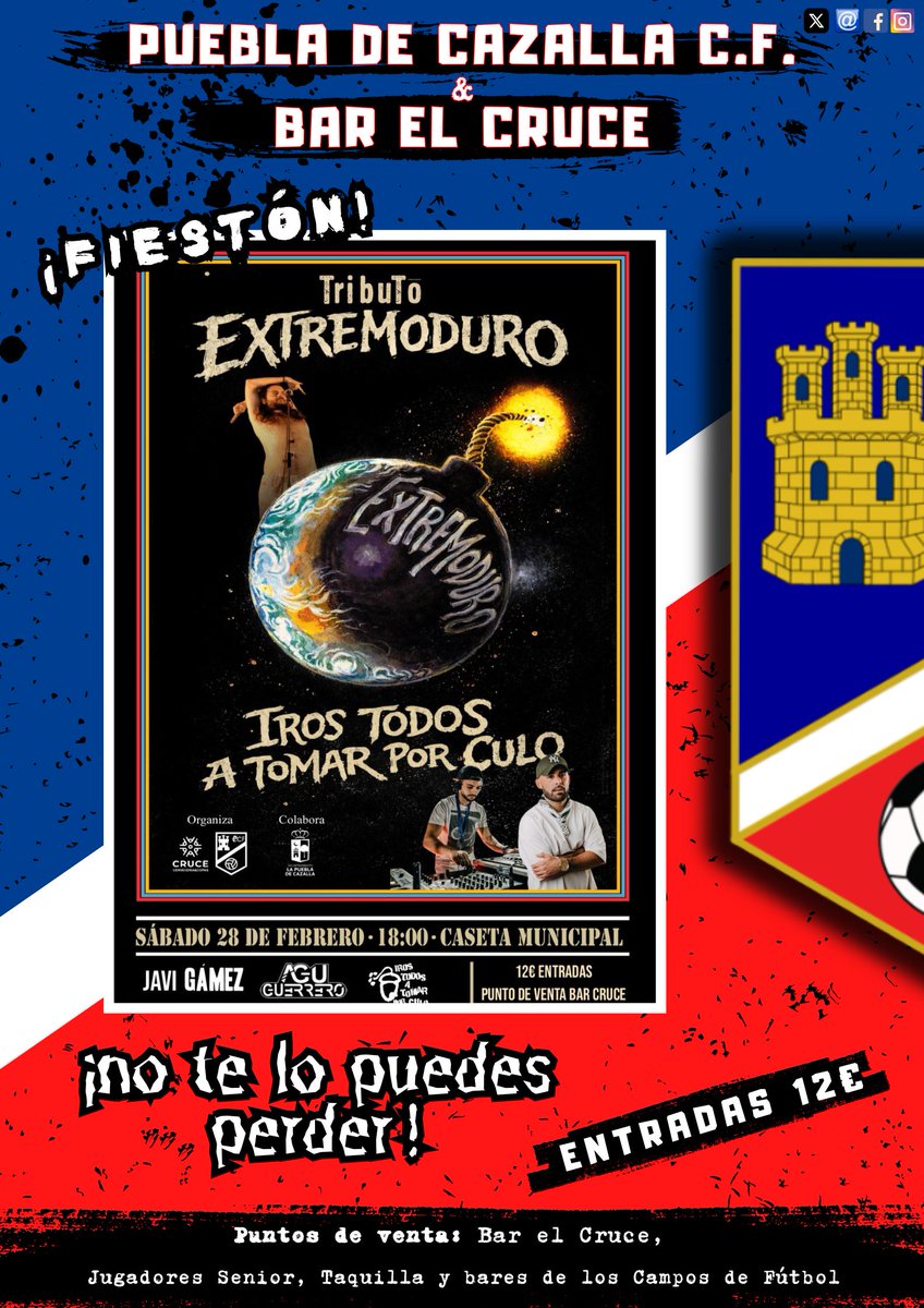 🎉 ¡Fiestón el 28 de febrero! 🎉

Bar El Cruce organiza una gran fiesta el próximo 28 de febrero, con la colaboración de La Puebla de Cazalla C.F.

La noche contará con tributo a Extremoduro, DJ, buena música y un ambiente espectacular que promete ser inolvidable.