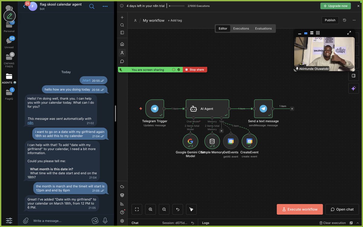 mustang_akin's tweet image. In today’s class we built a simple calendar agent and took it a step farther by connecting the agent to telegram 🔥 

First selfie for the class😂😂