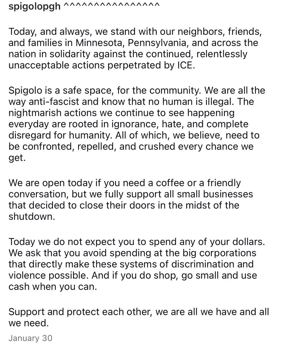 Found a coffee shop in Pittsburgh, PA who probably doesn’t want your business if you support ICE arresting foreign pedos

They also say ICE needs to be “confronted, repelled, and crushed.”

This is basically a call for an insurrection.

Make sure everyone in PA sees this!