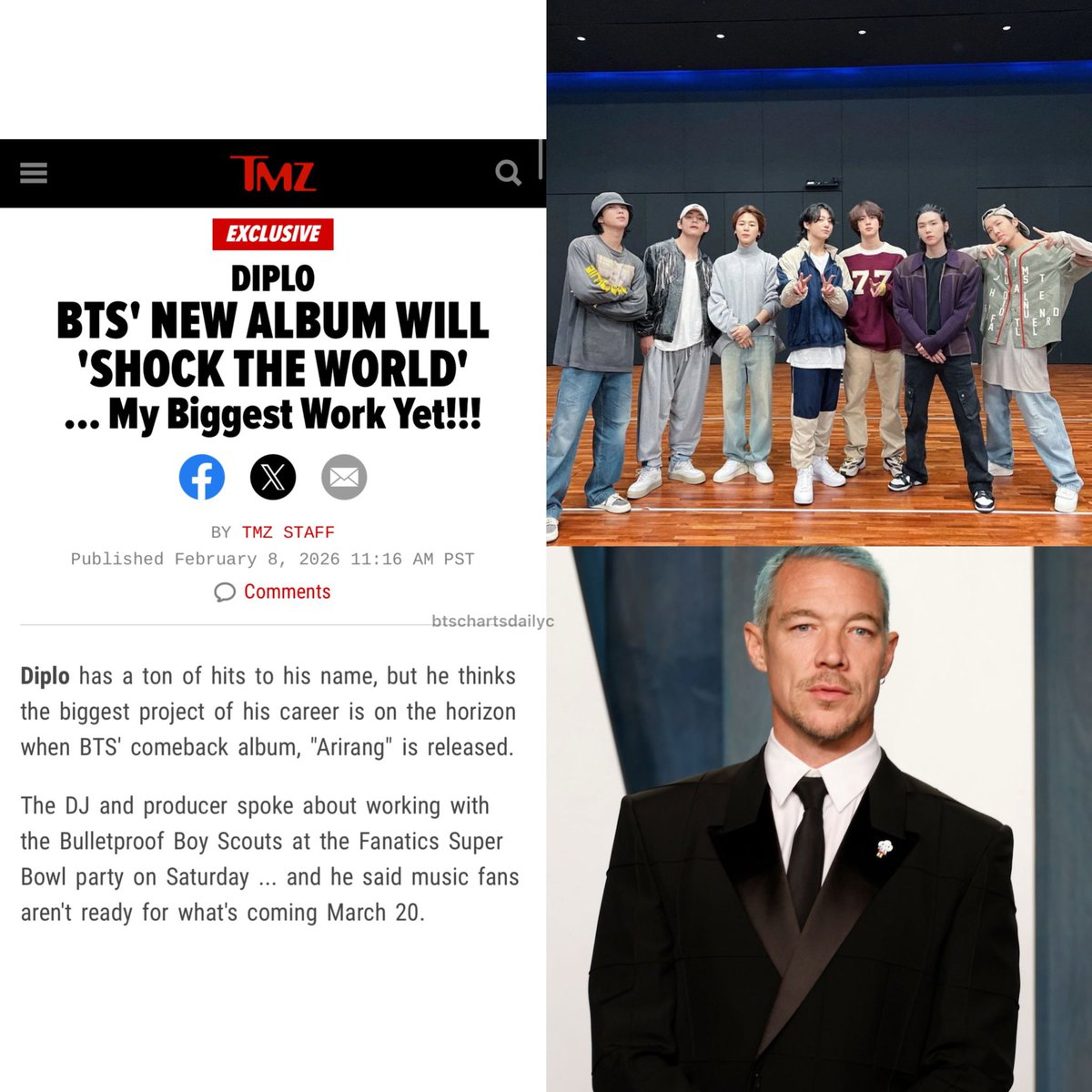 [INFO] Diplo said their biggest project of his career is on the horizon when BTS’ Album #BTS_ARIRANG is released!

"I just feel so lucky because I've been working for three decades and to link up with a group like that, and have them trust me and do some awesome music ...