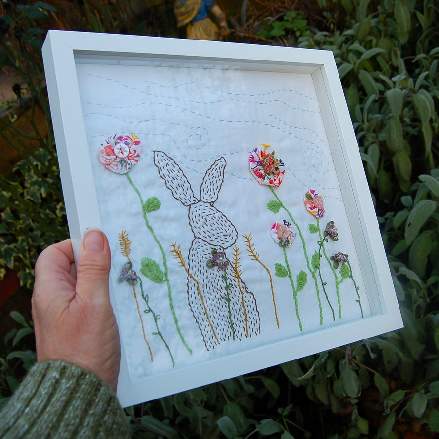 Hare in Meadow. Hand stitched - Folksy folksy.com/items/8605306-… #newonfolksy