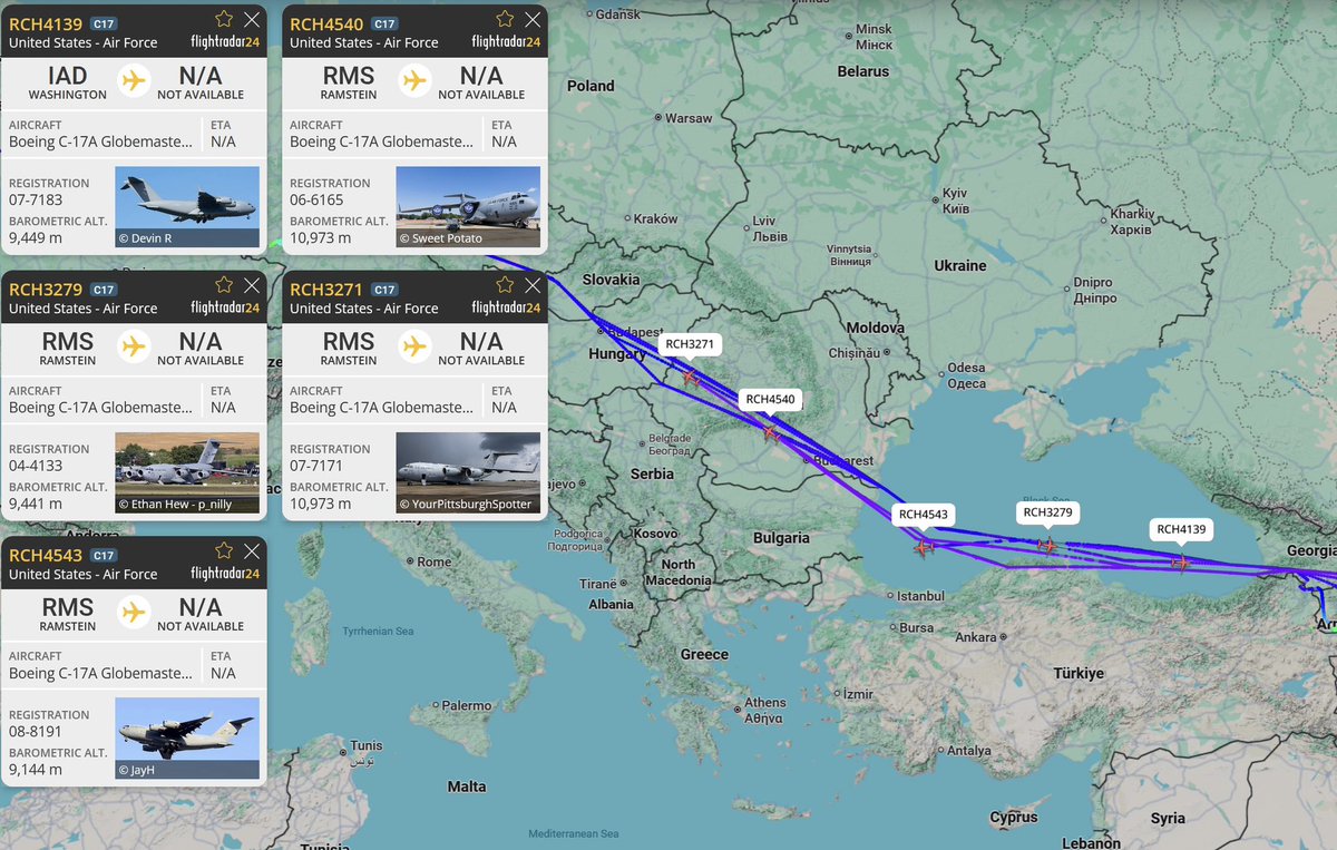 Unusual movements today and yesterday by the U.S. Air Force, with a train of at least dozen C-17A Globemaster IIIs arriving at or enroute to locations in Armenia and Azerbaijan, five just today, almost all coming from Ramstein Air Base, Germany though most originated from Dulles