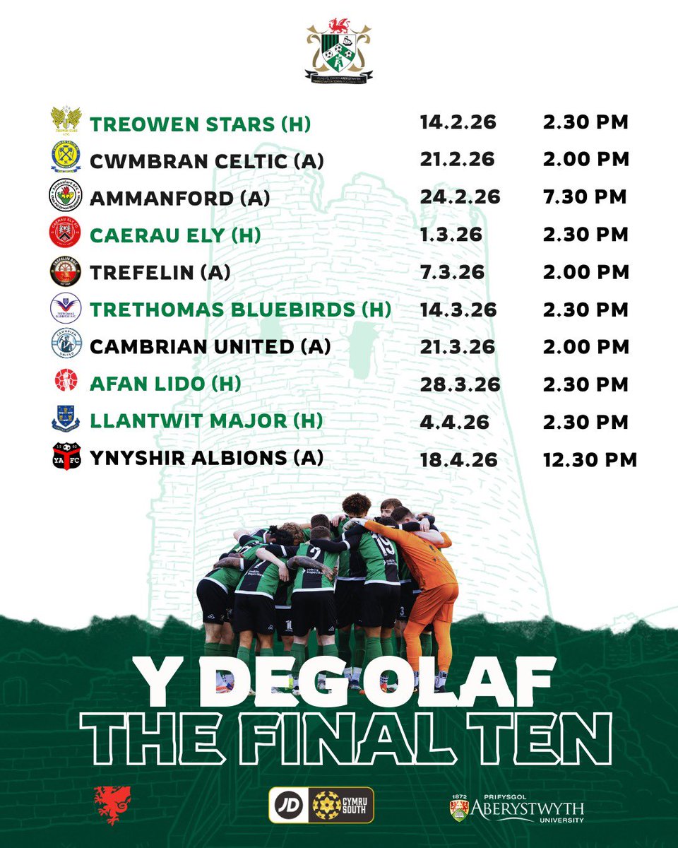 AberystwythTown's tweet photo. 𝐘 𝐂𝐲𝐟𝐧𝐨𝐝 𝐎𝐥𝐚𝐟 / 𝐓𝐡𝐞 𝐑𝐮𝐧-𝐈𝐧

Ten games to play in the #JDCymruSouth as Town hunt a Top-3 finish to gain immediate promotion back to the #JDCymruPremier. 

#GreenArmy – Ry' ni angen chi yna pob cam! / We need you more than ever! 🖤👇💚 

#AberFelUn | #AberAsOne https://t.co/PIYAJCY8Qy