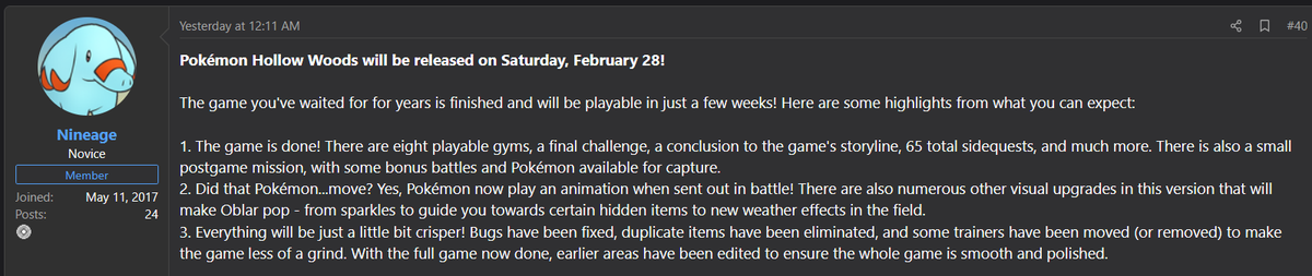 PokeFangameNews's tweet photo. Pokémon: Hollow Woods full version will release on February 28! 🌲 https://t.co/BFqI7UAJCZ