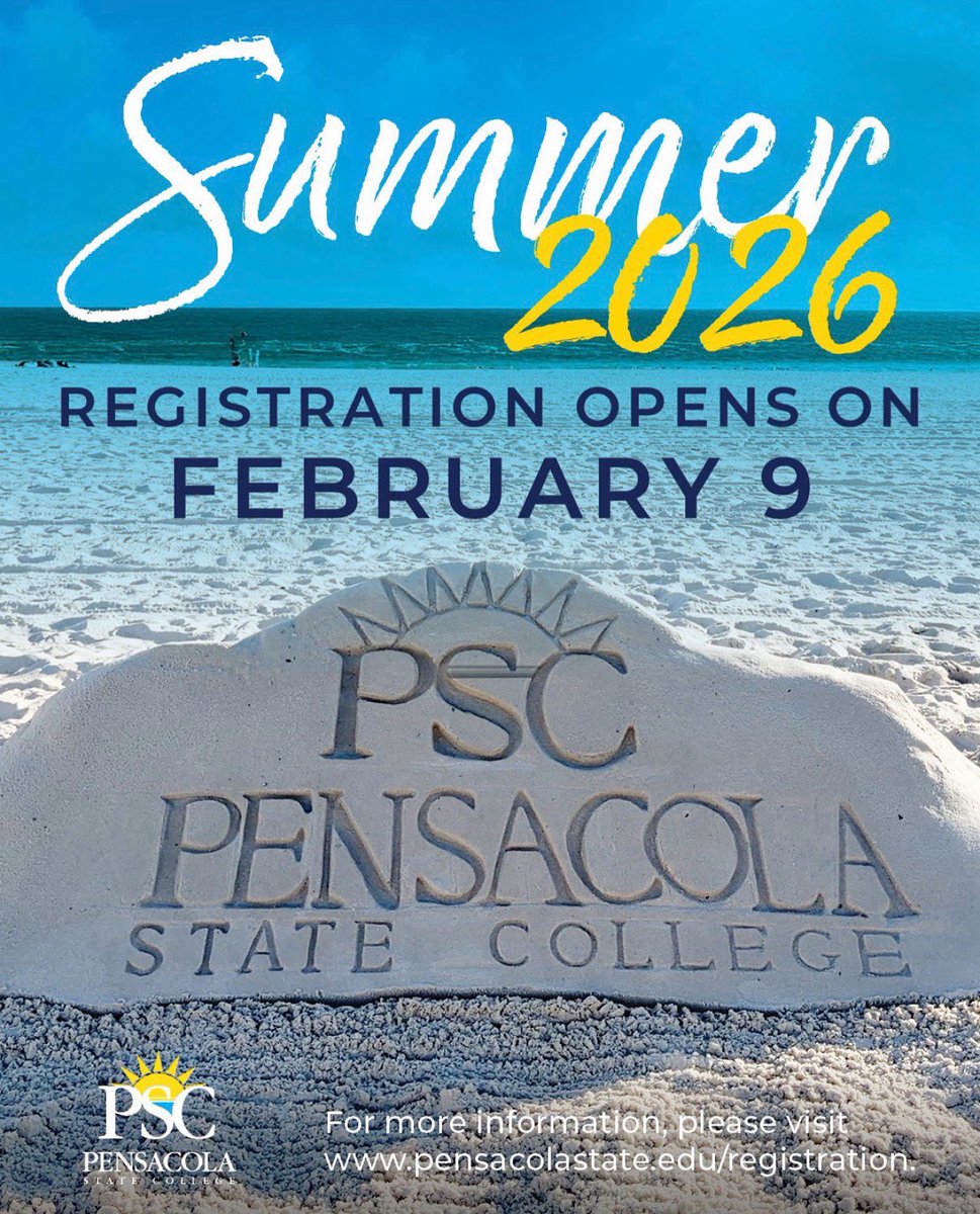 PensacolaState's tweet photo. Summer at PSC is almost here ☀️
👉Summer registration opens February 9th.
#pscsummer #summeregistration #pensacolastatecollege https://t.co/GHEQBnvO1f