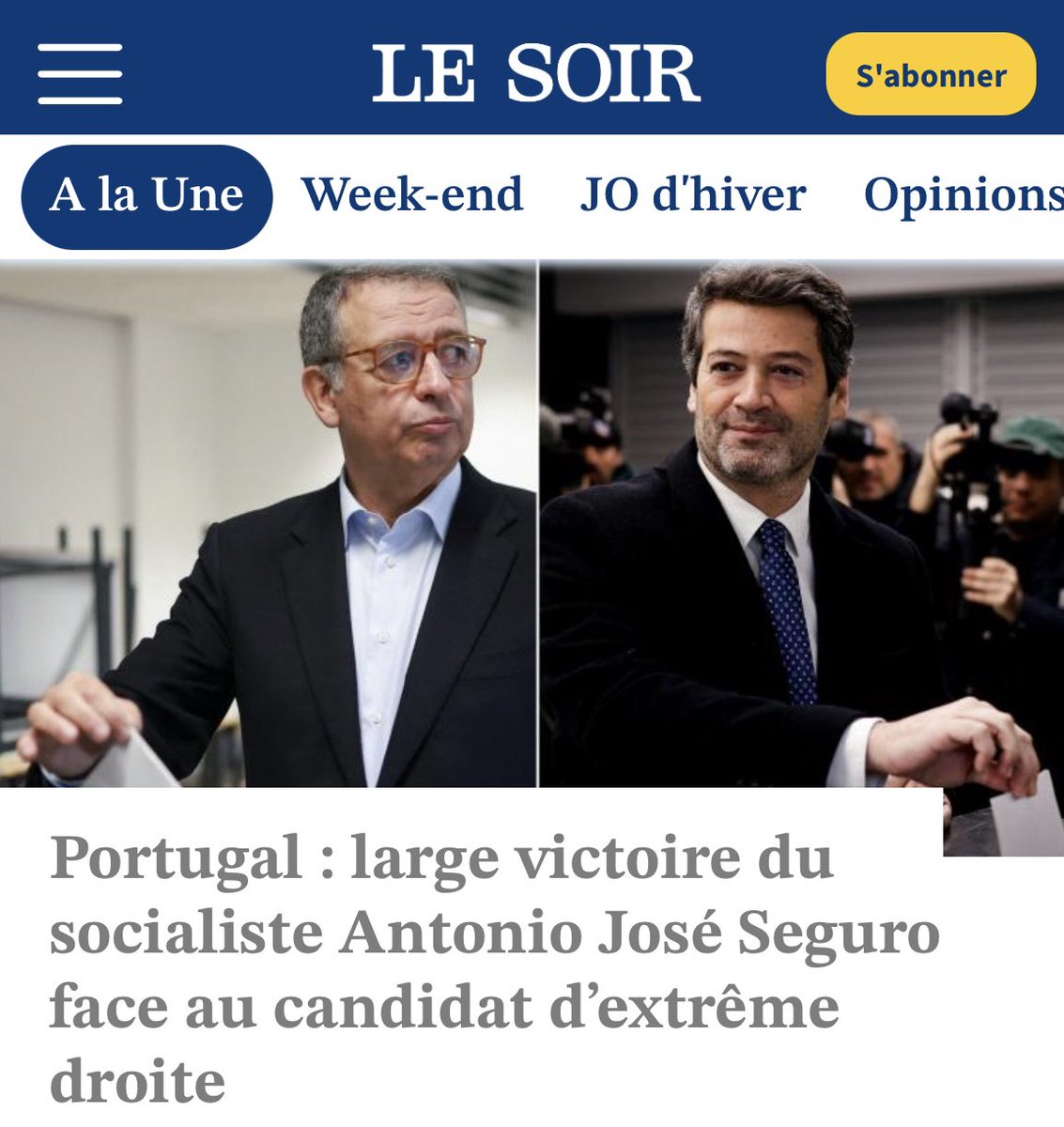 La bonne nouvelle de cette fin de week-end ! Les Socialistes remportent largement l’élection présidentielle au Portugal. 

Face à la montée inquiétante de l’extrême droite, les Socialistes incarnent résolument la résistance et portent un projet d’égalité entre les personnes, pour