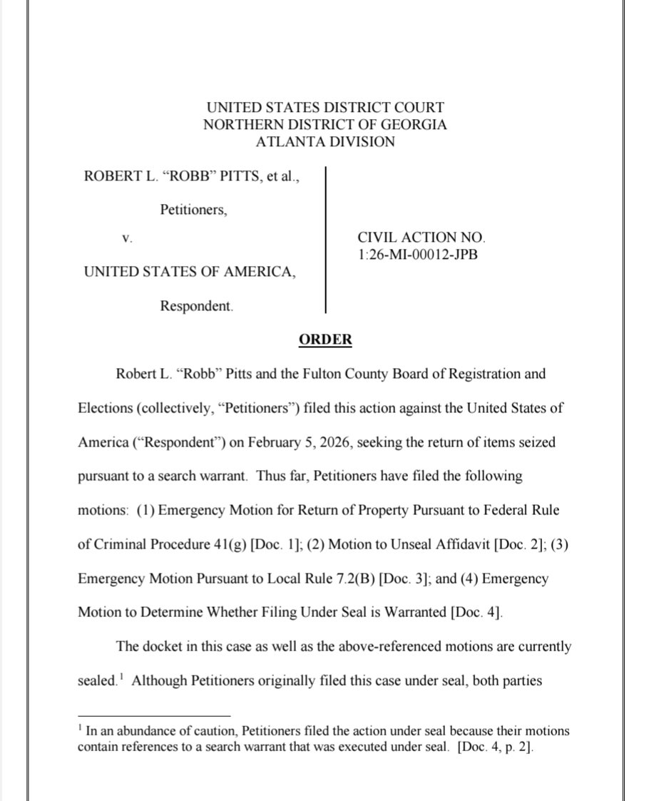 scotus_wire's tweet image. 🚨 A federal judge has ordered the DOJ to unseal the search-warrant affidavit behind the FBI’s January seizure of Fulton County election records, directing its public release by February 10th.
