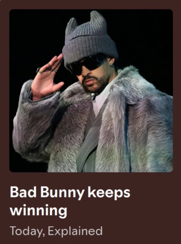 Ahead of the #SuperBowlLX today, here's a great listen from <a href="/voxdotcom/">Vox</a> on Bad Bunny and the significance of his music and his message for Puerto Rico and for this political moment at large open.spotify.com/episode/00oNwk…