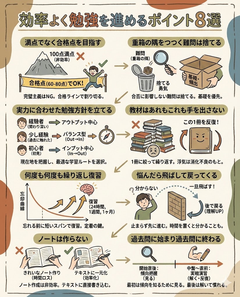 効率よく資格試験の勉強を進めるポイントをまとめました。忙しい社会人こそ合格に必要な勉強に集中。限られた貴重な時間。有効活用していこう。