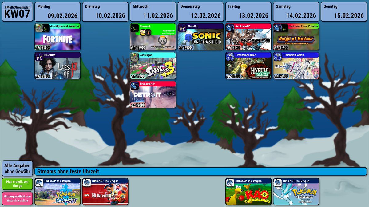 Meine Freunde, hier ist der #MultiStreamplan x #knorkeStreamplan der Kalenderwoche 06.
Auch dieses mal wieder mit <a href="/BluesBroStreams/">bluesb.ro/official</a> , <a href="/HDFoXLPDragon/">HDFoXLP the Dragon</a> , <a href="/Joshikyon11/">Joshikyon</a> , <a href="/NeoLunarLP/">NeoLunarLP</a> , <a href="/TimensionFabian/">TimensionFabian</a>  und <a href="/vomarsk/">Vomarsk</a> .
Bis nächste Woche ^^
- Thorge