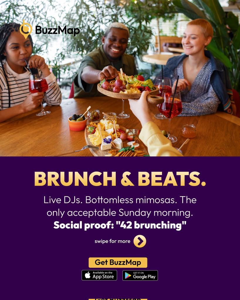 mybuzzmap's tweet image. Sunday doesn’t have to suck. 🥂

​From bottomless brunch to sunset sets, see exactly where the crowd is heading with live social proof on BuzzMap. 📍

​Make the most of the weekend.

 Download the app: [Link in bio]
​#BuzzMap #houstonnightlife #SundayFunday #HTX #sunday