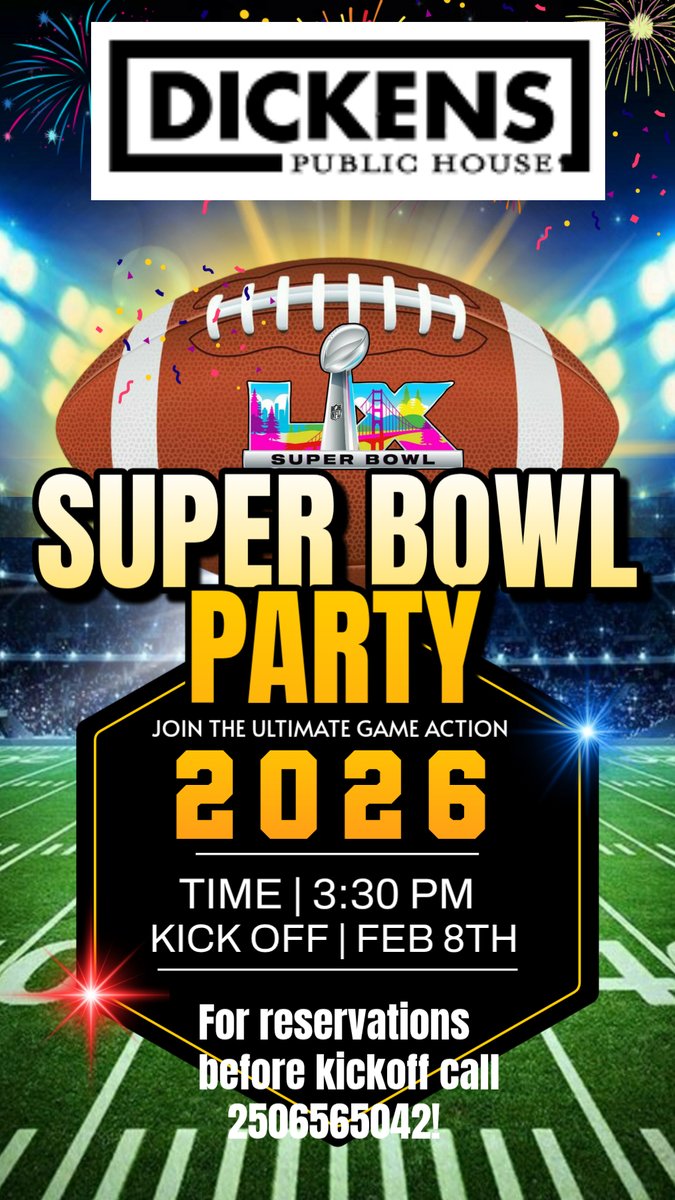 Join the ultimate game action on Feb 8th at 3:30 PM. Reserve your spot now by calling 2506565042.Squars still available at the bar.Chili and Smokies an special. Don't miss out on the kickoff excitement! #SuperBowl2026 #GameDay #PartyTime