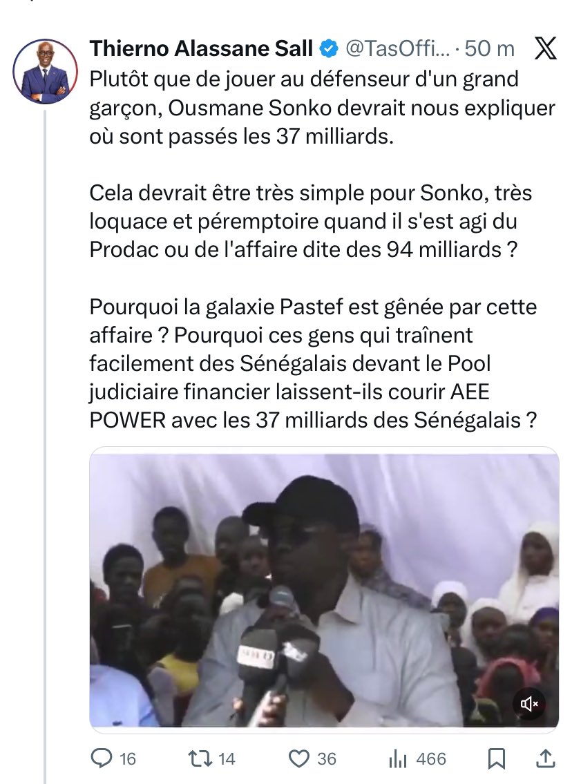 senejeanmichel's tweet photo. Toujours pas assez courageux pour assumer un débat public sur un sujet qui semble pourtant t’obséder ?
 Au-delà de réponses précises sur les 37 milliards, cet échange t’obligerait surtout à faire preuve de rigueur et à te documenter sérieusement sur les principes élémentaires du code des marchés publics.

Toi, comme tous ceux dont tu te fais le relais, avez longtemps cru pouvoir duper le peuple, en plus de le déposséder de ses maigres moyens, durement mobilisés. Cette époque est révolue.
 Je donne rendez-vous très prochainement à l’opinion nationale lors d’une 𝐜𝐨𝐧𝐟𝐞́𝐫𝐞𝐧𝐜𝐞 𝐝𝐞 𝐩𝐫𝐞𝐬𝐬𝐞, où je détaillerai le modus operandi utilisé dans d’autres directions et ministères, 𝐩𝐨𝐮𝐫 𝐝𝐞́𝐭𝐨𝐮𝐫𝐧𝐞𝐫 𝐥𝐞𝐬 𝐫𝐞𝐬𝐬𝐨𝐮𝐫𝐜𝐞𝐬 𝐩𝐮𝐛𝐥𝐢𝐪𝐮𝐞𝐬. À l’ASER, nous avons neutralisé ces tentatives, ce qui explique vos cris d’orfraie et votre obsession quasi puérile.

À ce stade, il ne s’agit plus de postures politiciennes ou de communication opportuniste. Il s’agit de principes, de responsabilité et de respect du peuple sénégalais.