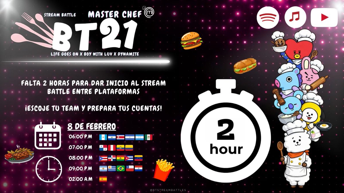 𝔹𝕋𝟚𝟙 𝕄𝔸𝕊𝕋𝔼ℝ ℂℍ𝔼𝔽 | ˢᵗʳᵉᵃᵐ ᵇᵃᵗᵗˡᵉ 

— ARMY! faltan 2 HORAS para que de inicio a esta batalla de stream. Escoge tu team y a cocinar! 👨🏻‍🍳

🗳 Info↴

📍RT PARA DIFUNDIR