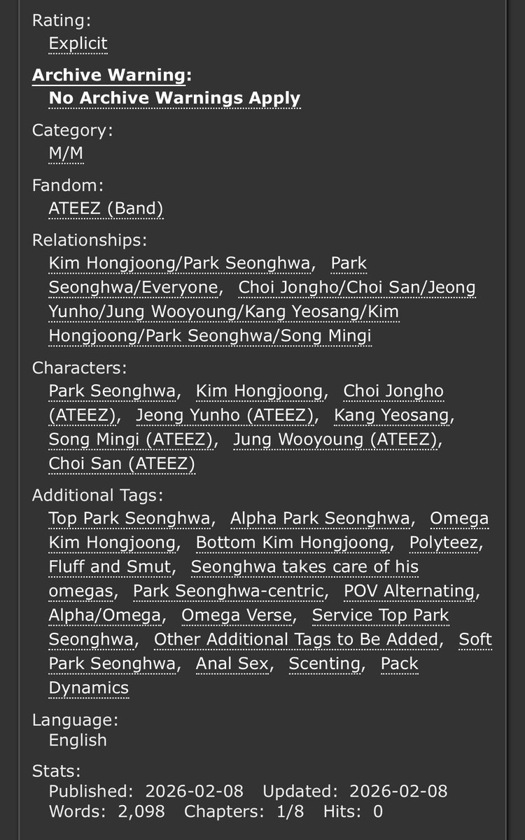 Pack Alpha
💙Secnghwa x everyone , polyt33z, 8 chapters
💙top sh, alpha sh, rest of atz are omegas
💙fluff and smut

Chapter 1: Hcngjccng

🔗archiveofourown.org/works/79148096…