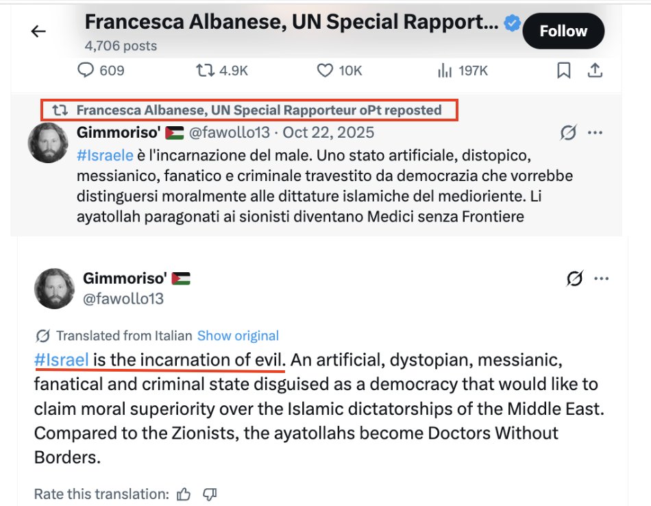 HillelNeuer's tweet image. Albanese's use of Der Stürmer tropes isn't new. On Oct. 22, she reposted a tweet saying that Israel is the “incarnation of evil.”

She casts the Jewish state as an ontological force corrupting humanity itself, dehumanizing Israelis to frame all violence against them as justified.