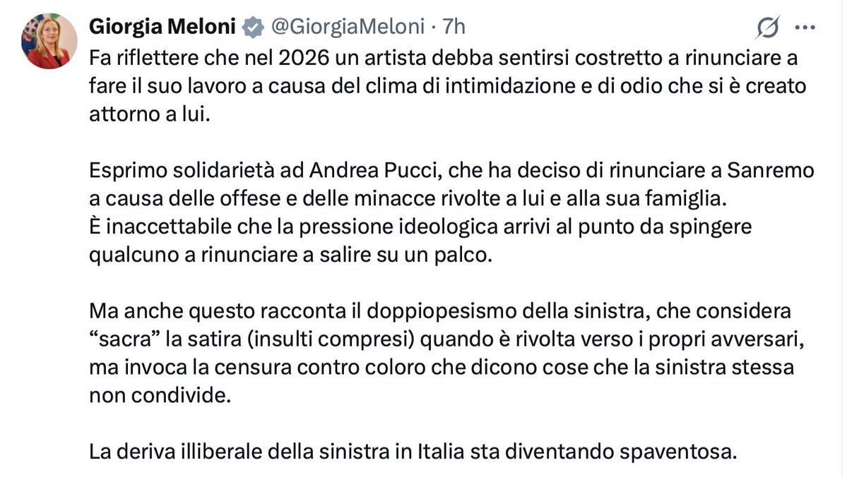 Faccio presente alla presidente del Consiglio che:

1) nessun esponente politico di sinistra ha criticato la partecipazione di Pucci a Sanremo
2) la censura è un atto di chi detiene il potere, quindi solo il Governo potrebbe realizzarla, non l'opposizione
3) Pucci è stato offeso