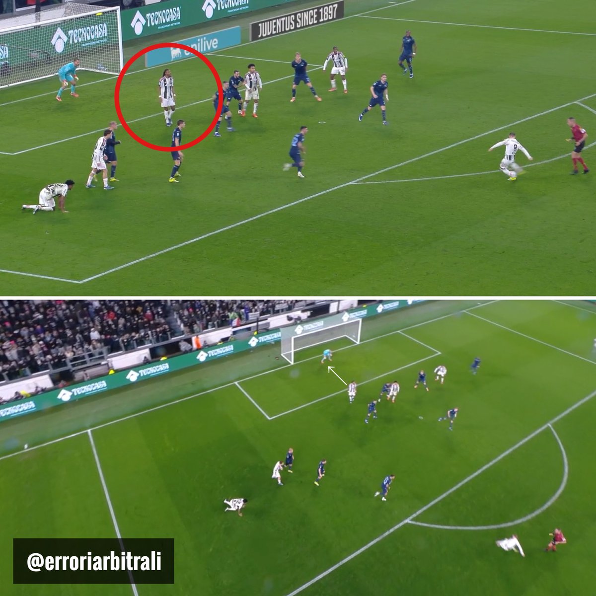 #JuveLazio | doppio episodio al minuto 25: contatto Gila / Cabal e goal annullato per una posizione attiva di Thuram sul tiro di Koopmeiners (📸 DAZN).

Partiamo dalla fine: da dopo Milan Pisa, l'indicazione data da Rocchi è di sanzionare i giocatori che sono a ridosso dell'area