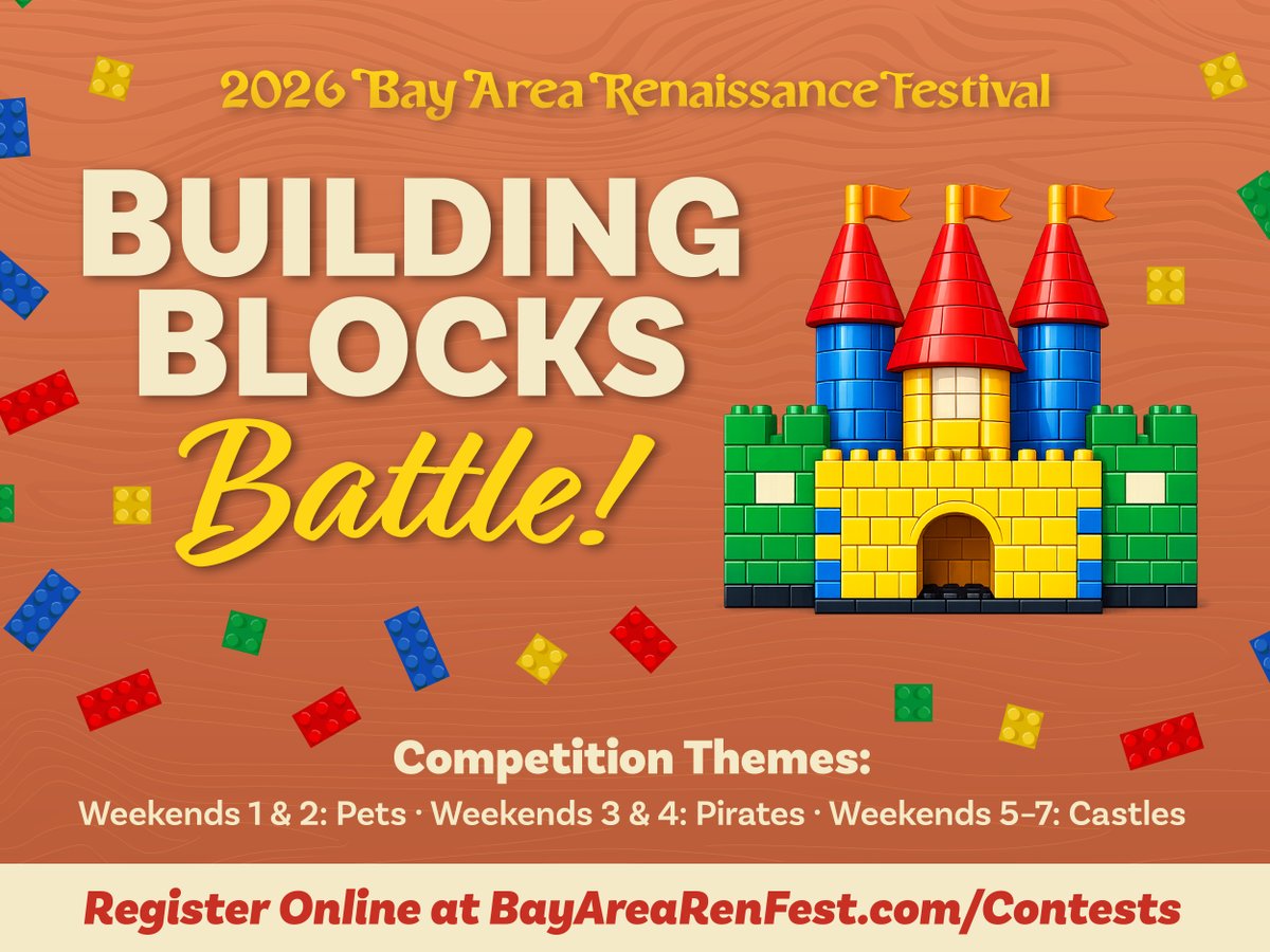 Build it, Battle it! Join the Building Blocks Battle at the Festival every weekend!

Themes:
- Wknds 1 &amp; 2: Pets 🐾
- Wknds 3 &amp; 4: Pirates ☠️
- Wknds 5-7: Castles 🏰

Winners via online voting. More info: bayarearenfest.com/contests

#BayAreaRenaissance #RenaissanceFestival #Huzzah