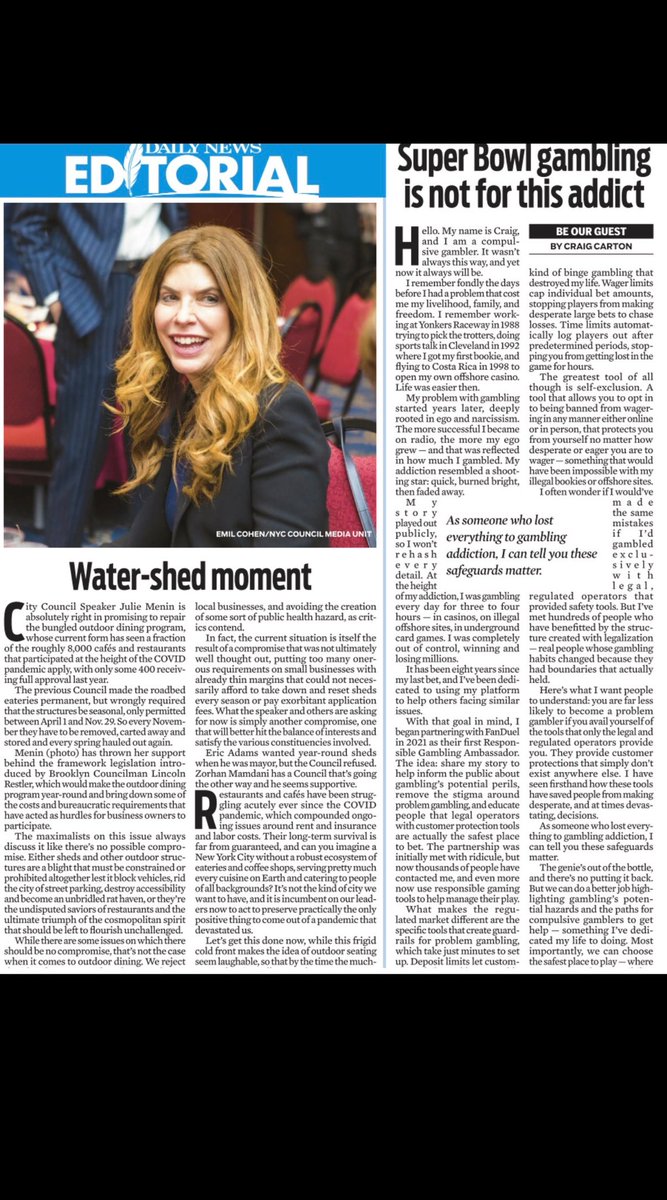 Many thanks to <a href="/NYDailyNews/">New York Daily News</a> for printing my OP-ED today about how important responsible gambling is and how to use the available tools to protect yourself from making emotional and costly decisions.