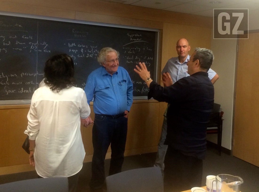 MaxBlumenthal's tweet image. Chomsky was mid jestermaxxing with Ehud Barak. Does it make sense for a left critic of power to lime with an Israeli genocide gooner and get mogged by Davos moids escorted by teen foids on Epstein Island?