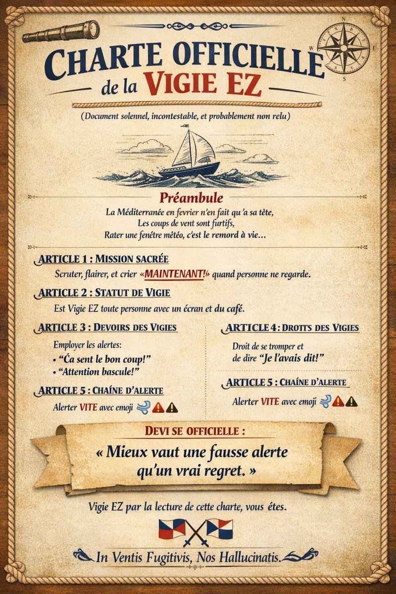 ⚓️ RÈGLEMENT INTÉRIEUR DE LA DIRECTION GÉNÉRALE DE LA VIGIE EZ ⚓️
Administration météoro-nautique indépendante, provisoire et convaincue de son importance
Vus :
- la Méditerranée en février,
- les modèles météo qui changent d’avis plus vite que le vent,