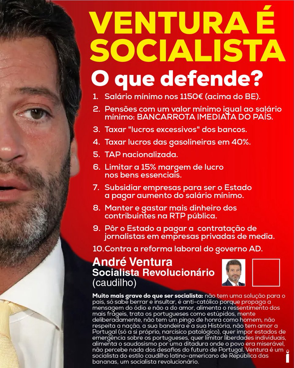 LiberalPT's tweet image. André Ventura acaba de se colocar "no espaço não-socialista". 

Um disparate completo: Ventura é socialista. 

Há muitas razões mais graves para nunca votar em Ventura, mas na política económica os factos demonstram que é socialista. 

Não é um socialista democrático, é um…