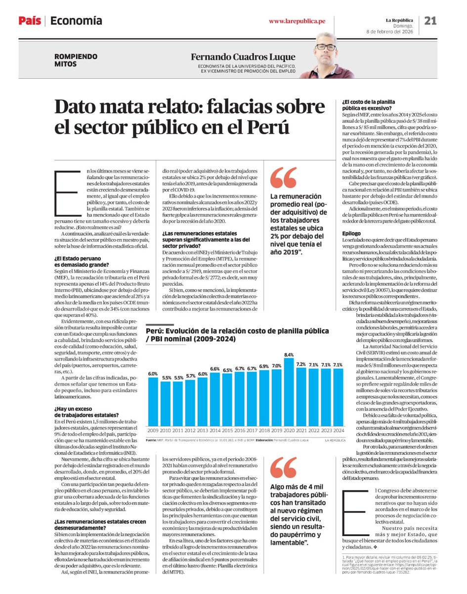 En los últimos meses se vienen mencionando varias falacias sobre el sector público. En mi columna de hoy en La República analizo la realidad del Estado peruano sobre la base de información estadística oficial. Dato mata relato.