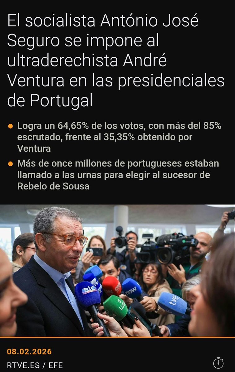 🇵🇹 Parabéns ao compañeiro socialista António José Seguro, quen será novo Presidente da República de Portugal🤗.
Hoxe gañou as eleccións presidenciais portuguesas co 65% dos votos👏👏👏
Desexo moita forza e éxitos ao novo presidente e a toda a cidadanía portuguesa🍀❤️🌹