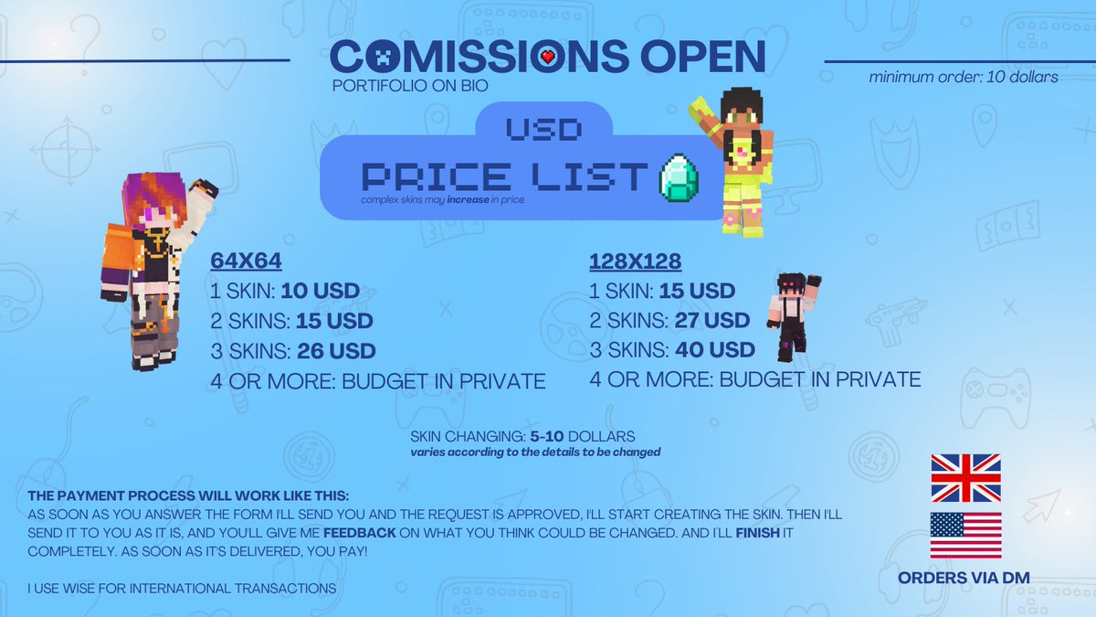 gioskins's tweet photo. INTERNATIONAL COMISSIONS OPEN!!! 😮

—> 🇺🇸🇬🇧🇵🇹🇪🇸 (and MORE)

portfolio on my bio :) 

im from brazil, and whatever u want to ask bout the skins just message me !!!

[#skins #minecraft #skinmaker #buy #make] https://t.co/QZVMbsnJ0i