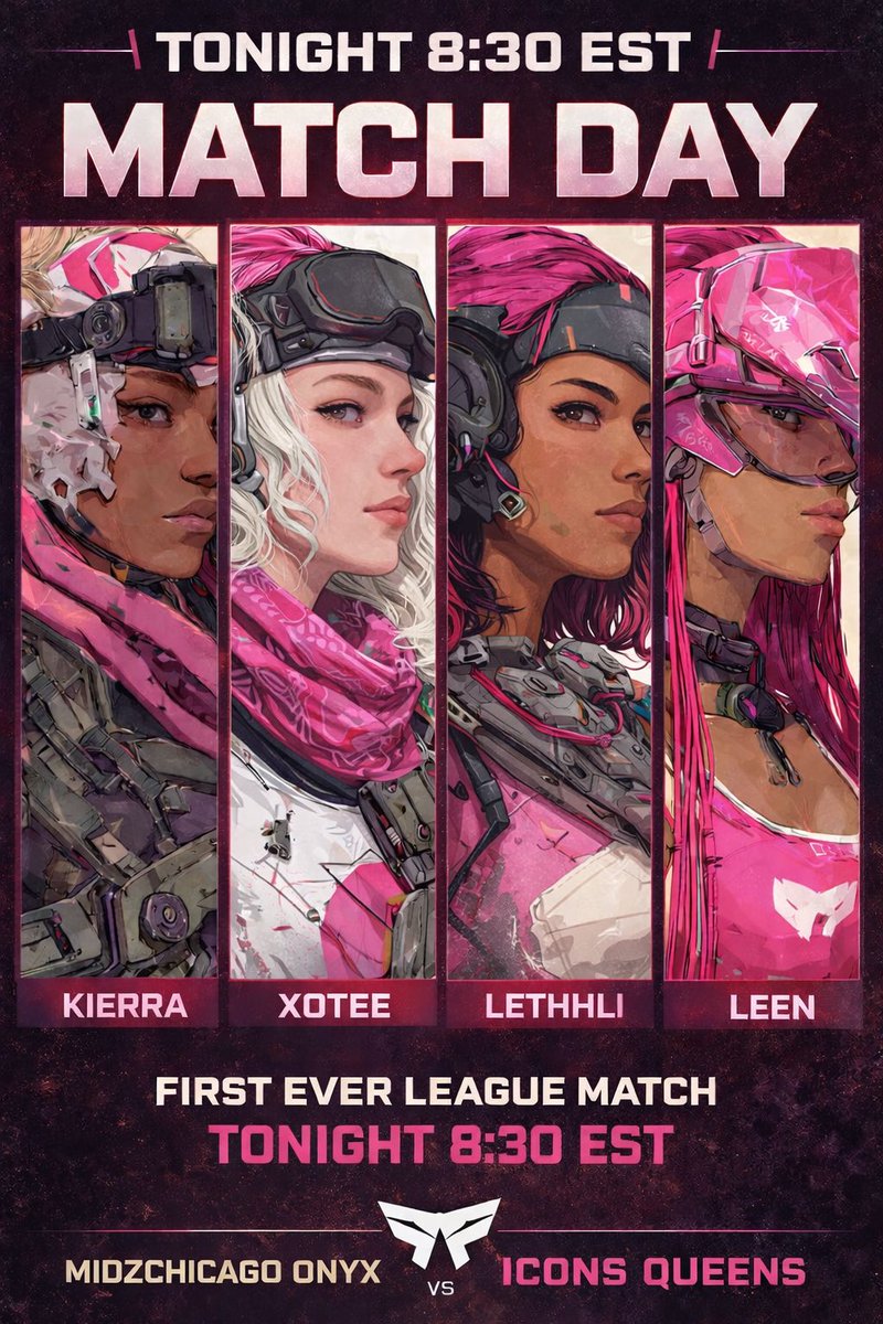 🚨 MATCH DAY 🚨 History starts tonight.
⏰ 8:30 EST 🏆 First Ever League Match
🆚 MidzChicago Onyx vs Icons Queens
⚡ Glitch The System ⚡
#MatchDay #LeagueDebut #GlitchTheSystem #WomensEsports 
<a href="/kierraaakay/">kierra</a> <a href="/ilyXoTee/">Tee</a> <a href="/lethhli/">Lethhli</a> <a href="/thatgirlaileenn/">Leen</a> <a href="/TPCWomens/">TPC Women's</a>