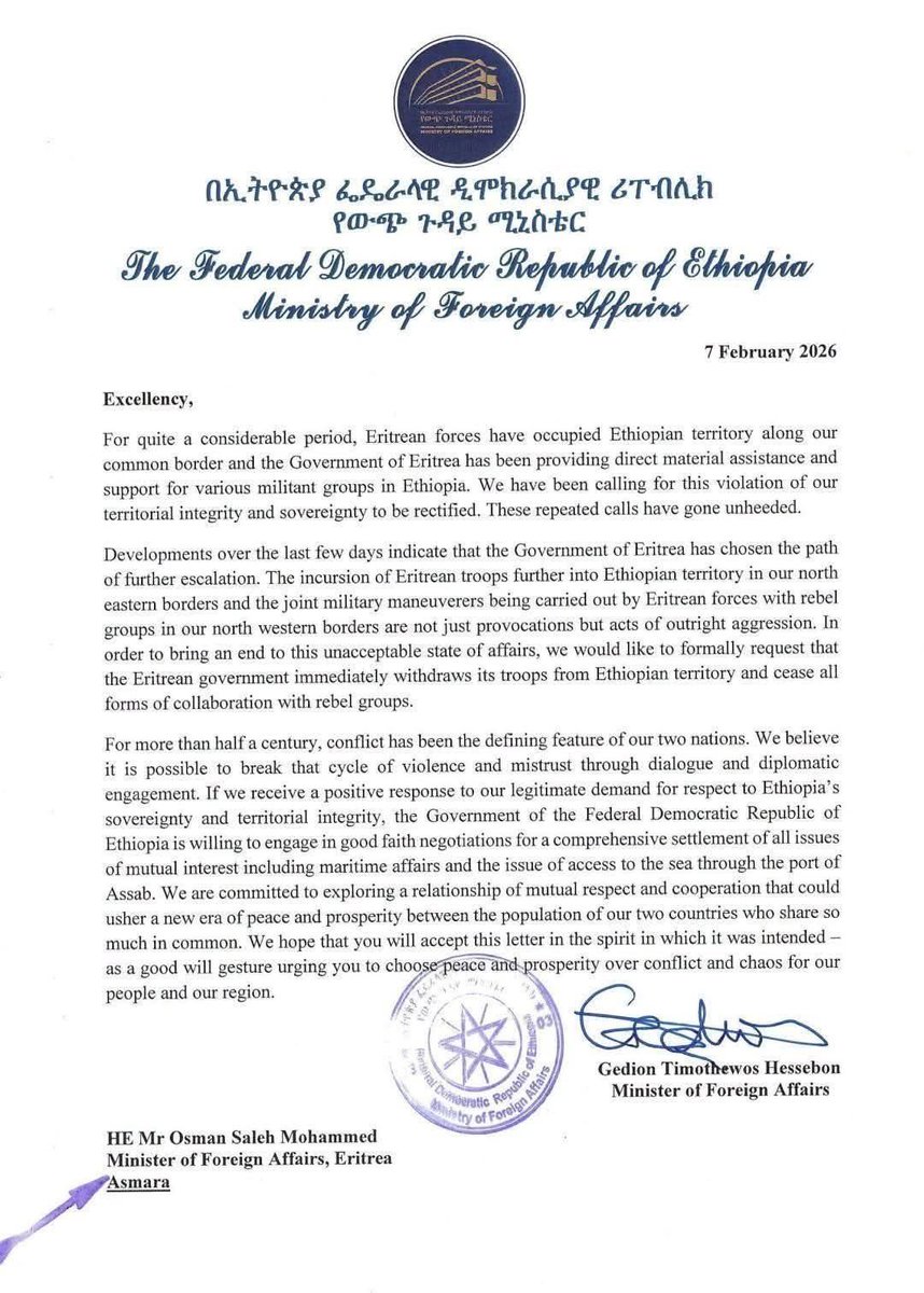 jbirru's tweet photo. The letter @GHessebon sent to Eritrea seems to be interesting social media posturing. Neither his X account nor the Ministry of Foreign Affairs communicated or posted it. That aside, it makes sense when understood in terms of PM  Abiy Ahmed’s  statement in parliament last week. The letter appears to accomplish coercive diplomacy, with a formal accusation while paving the way for negotiation on business terms (GERD share, a %age of Ethiopian Airlines) for port access. The land swap mentioned in the speech seems to be a veiled reference to the Algiers agreement and this proposal to negotiate -a revival of  Saudi agreement of 2018. 
The considered opinion is that the overall solution increasingly seems to settle on a comprehensive cooperative package deal with US sponsorship + Saudi  finance. Naturally this will involve handling UAE interest by fortifying the Ethiopian state from UAE vassalage.