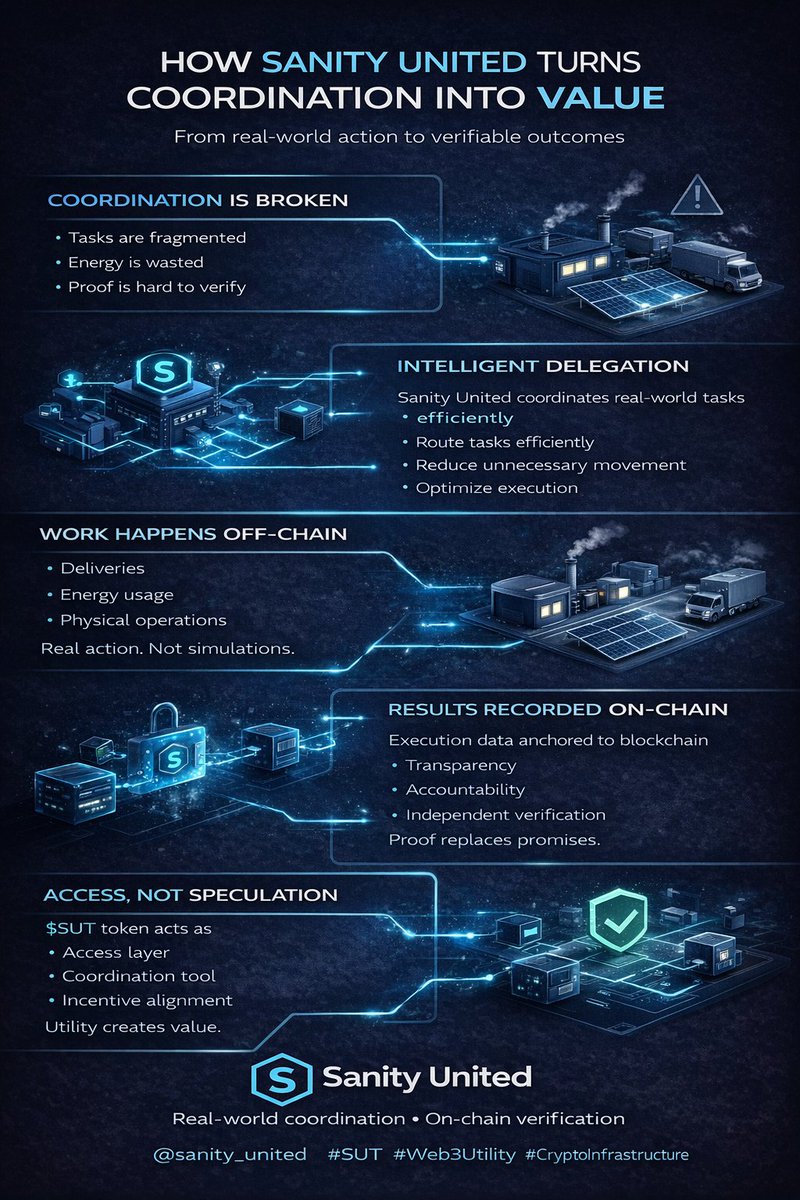 Coordination is where most systems fail.

SanityUnited approaches it differently:
real-world tasks executed off-chain, with outcomes verified on-chain.

That’s how trust is built at the system level.

<a href="/sanity_united/">Sanity United</a>
$SUT #Web3Utility #CryptoInfrastructure