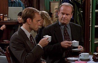 FRASIER CRANE: I told Dad I’d watch the Super Bowl with him tonight. 

NILES CRANE: You don’t know the first thing about football, Frasier. Name one position.

FRASIER CRANE: Tight end?

NILES CRANE: Well, thank you for noticing. Maris and I recently bought a tandem bicycle.