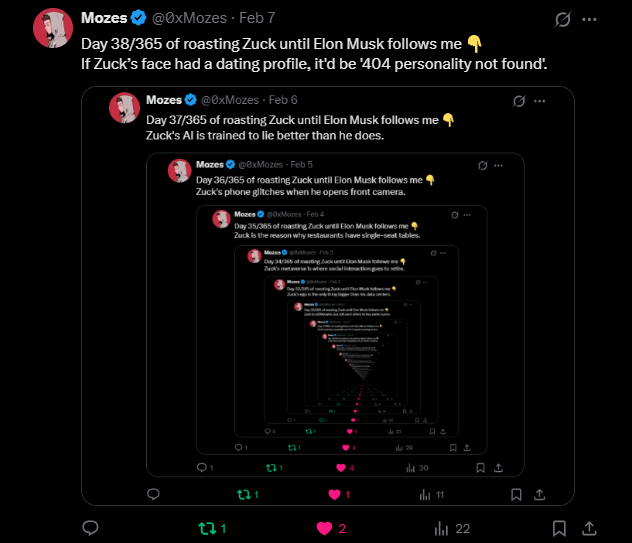0xMozes's tweet photo. Day 39/365 of roasting Zuck until Elon Musk follows me 👇
Zuck! basically. you SUCK! https://t.co/khV73VUn0M