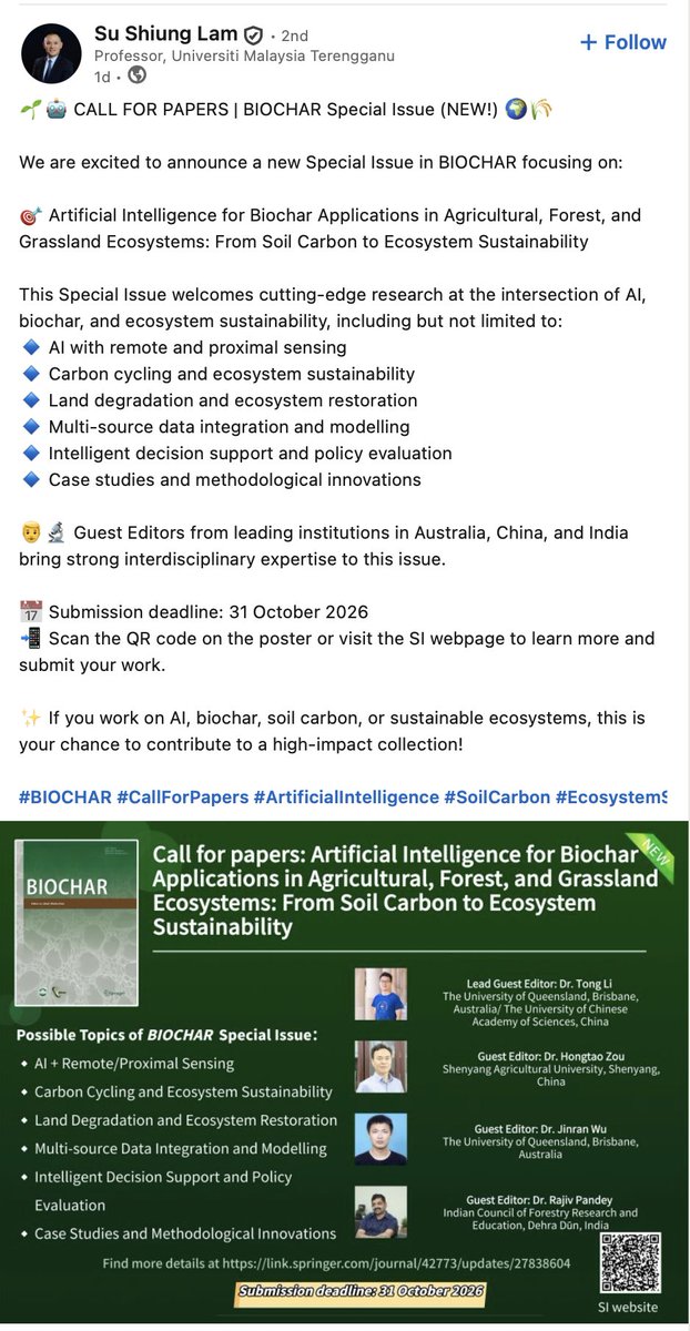 Paper mill #fraud and corrupt editor Su Shiung Lam from <a href="/UMT_Official/">OfficialUMT</a> is advertising a special issue in the #papermill journal Biochar from <a href="/SpringerNature/">Springer Nature</a> . This journal has almost no real editors, most are paper mill frauds/corrupt editors! When will Springer act? <a href="/TimKersjes/">Tim Kersjes</a>