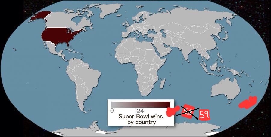 TerribleMaps's tweet photo. Number of Super Bowl Wins by Country https://t.co/TsW8HyOXhK
