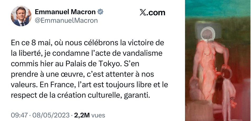 FredGaulois's tweet image. Bienvenu à pédoland.
Pour mémoire, voici un message de notre Président condamnant un acte de vandalisme sur une œuvre exposée au Palais de Tokyo.
Et l'œuvre en question!
On a un sérieux pb dans ce pays...