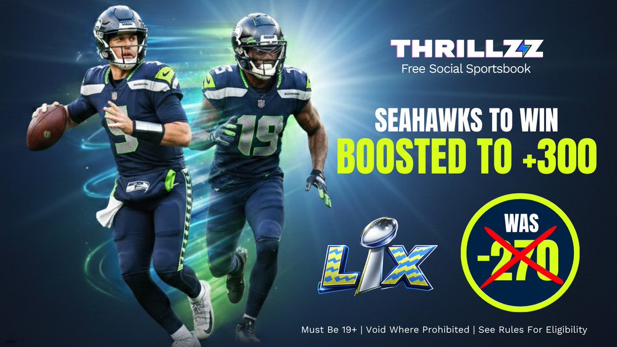 Super Bowl Tonight!!!
Thrillzz has an INSANE boost for the Seahawks to get the dub 👀

Link: thrillzz.sng.link/Dyrva/ymeg?psc…

 <a href="/ThrillzzOnX/">Thrillzz</a>