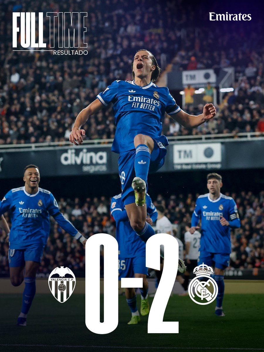 realmadriden's tweet photo. 🏁 FT: @Valenciacf_en 0-2 @RealMadridEN
⚽ 65' Carreras
⚽ 90'+1' @KMbappe
@Emirates https://t.co/ofodzkEzTH