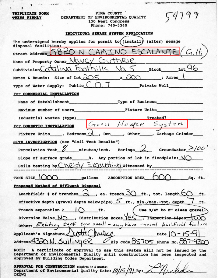 Sewage Disposal System  | 5820 N.CAMINO ESCALANTE 

Information relating to wastewater system, septic tank and discharge.

Where is #NancyGuthrie ?

TIPLINE 520 351-4900