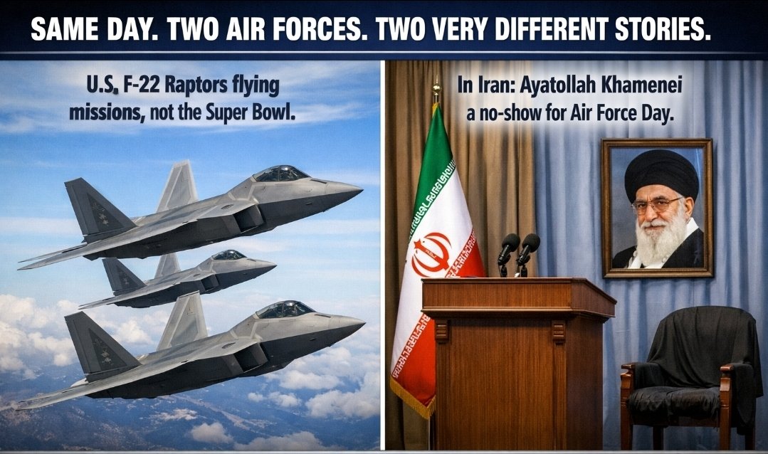 🚨 SAME DAY. TWO AIR FORCES. TWO VERY DIFFERENT CANCELATIONS.

The U.S. Air Force just pulled its F-22 Raptors from the Super Bowl LX flyover because real-world operational commitments took priority over ceremony.

Meanwhile in Iran, Supreme Leader Ali Khamenei skipped the annual