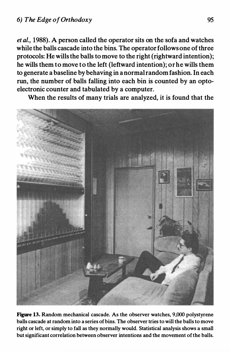 myechtra's tweet image. A parapsychology experiment at Princeton University found that participants could mentally affect where small balls would fall out of a series of bins. The psychokinetic effects created a new mean which had 1 in 10,000 odds of arising by chance.