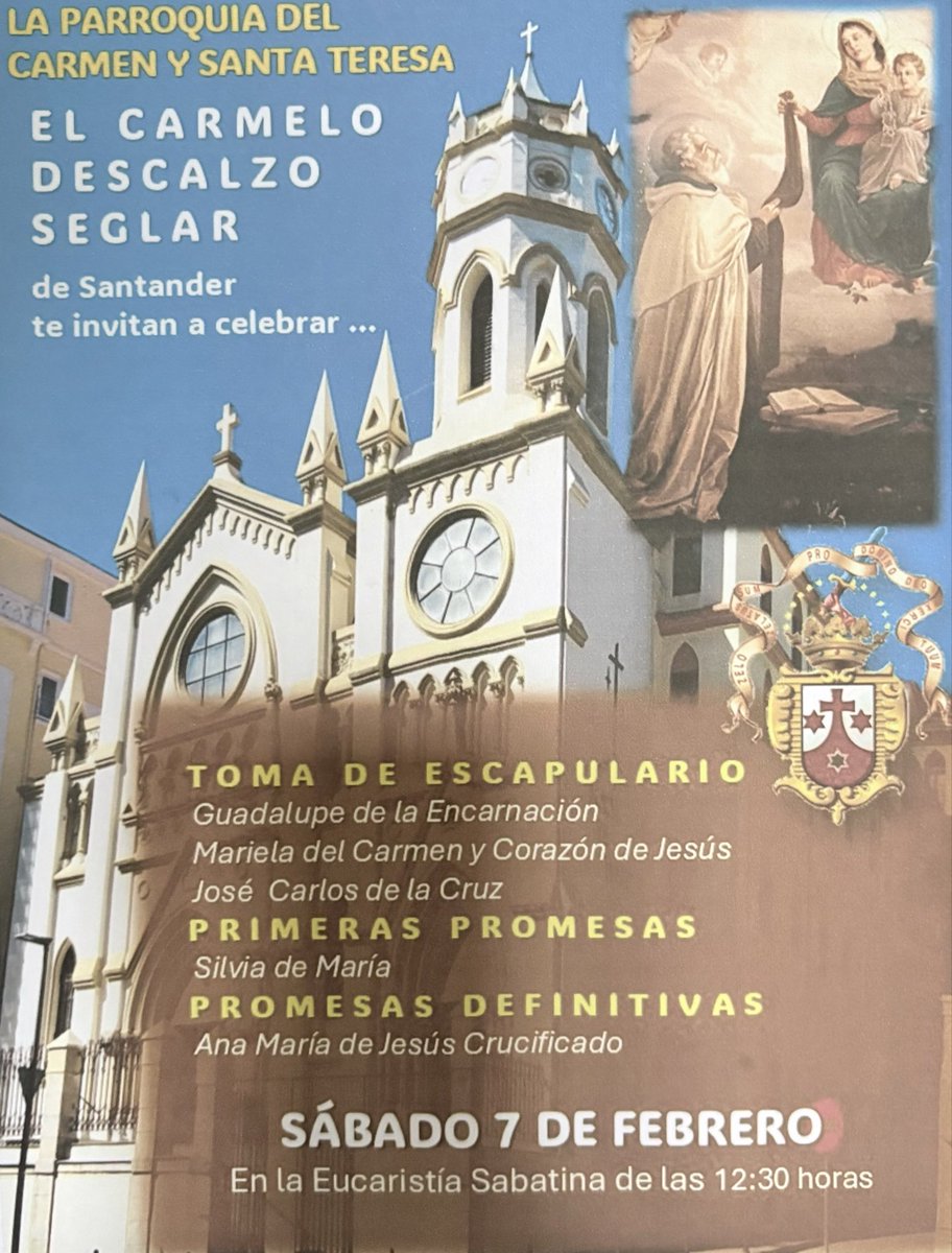 ocdnavarrainfo's tweet photo. Santander ha acogido este sábado una hermosa celebración de la OCDS Guadalupe de la Encarnación,Mariela del Carmen y Corazón de Jesús y José C. de la Cruz recibieron el Escapulario;Silvia emitió su primera profesión y AnaMaría de Jesús crucificado emitió las promesas definitivas https://t.co/EmCsqMskO9