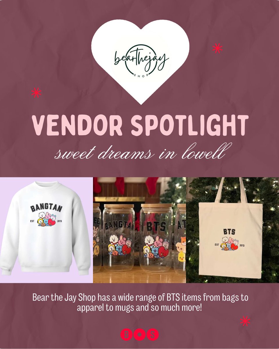 ✨ Vendor Spotlight ✨
Sweet dreams in Lowell with Bear the Jay Shop 💜
BTS apparel, bags, mugs, and so much more✨ See you in Lowell 💜
