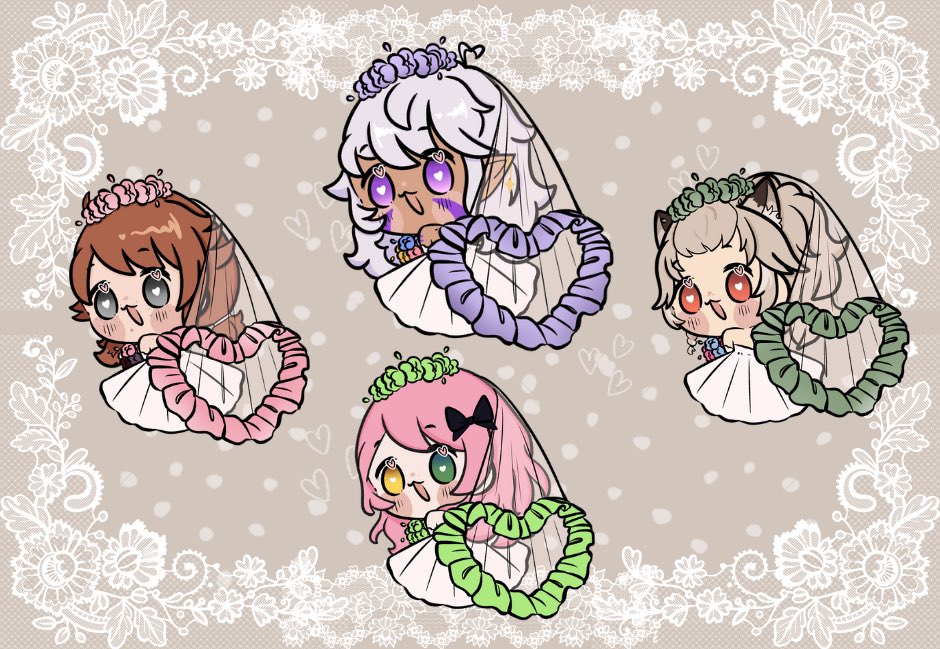 💜 Happy Early Valentine’s Day!!! 💜

I drew me and my many gfs (<a href="/WallowSett/">Wallow 📼</a> <a href="/ADumFox/">Bored 🍃🦊</a> <a href="/CuteNysNys/">Nyssa | Firefly Vtuber💡🪰</a>) as my brides!! Yep we’re all getting married ty! 

I love these ladies, they’re amazing and talented and so damn cute- Im glad they’re my friends:D

[Used a base by @/sneaky_egg]