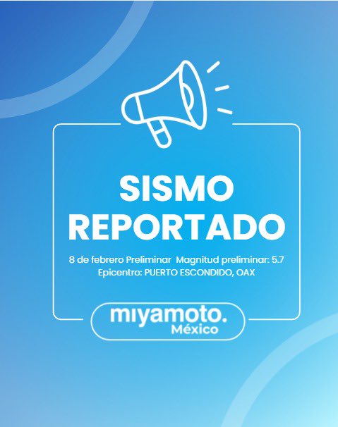 MiyamotoMexico's tweet photo. Sismo reportado
Magnitud preliminar 5.7 con epicentro en Puerto Escondido, Oaxaca.

Seguimos atentos a la información oficial y recordamos la importancia de la prevención y la ingeniería estructural para reducir riesgos.

#Sismo #Oaxaca #PuertoEscondido #temblor #alertasísmica https://t.co/1rH8N4CgVa