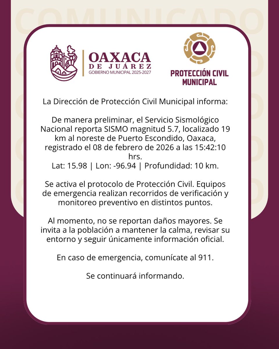 raychagoya's tweet photo. ⚠️ Sismo en Oaxaca

🚨 La Dirección de Protección Civil Municipal de Oaxaca de Juárez activó de inmediato sus protocolos de revisión y monitoreo para salvaguardar a las vecinas y vecinos.

🙏 Te pedimos mantener la calma, revisar tus espacios y seguir solo fuentes oficiales.
📞 Ante cualquier emergencia, comunícate al 911.

#Sismo #ProtecciónCivilOaxacaDeJuárez #MunicipioSeguro #PrevenciónEsVida #GobiernoDeTerritorio