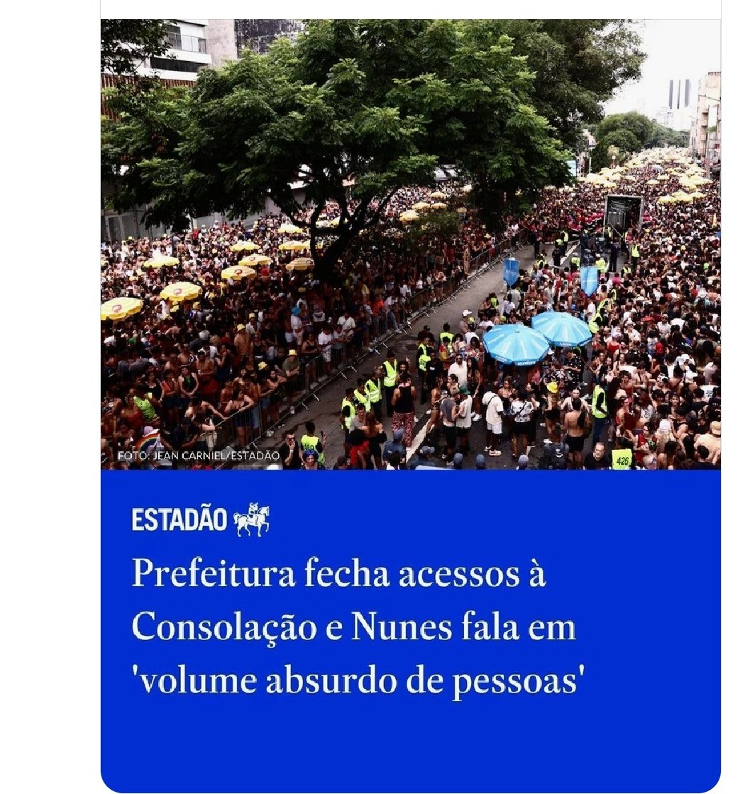 Para o Nunes, a culpa é das pessoas que foram aos blocos, não da organização.
Ele foi avisado que não era noa ideia e, ainda assim, deu aval para essa ideia de botar dois megablocos ao mesmo tempo, no mesmo lugar e com as saídas tapumadas.
Jênio.